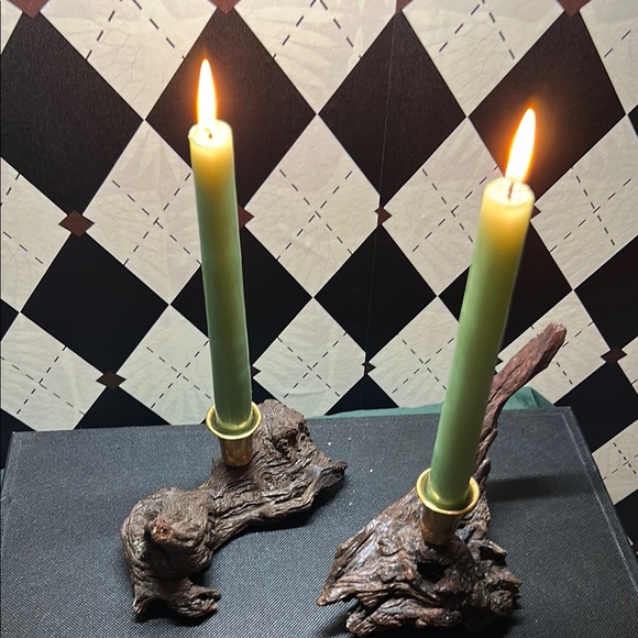 Vintage Driftwood Candle Holders – Rustic Wood with Shiny Bronze Accents - Picture 10 of 12